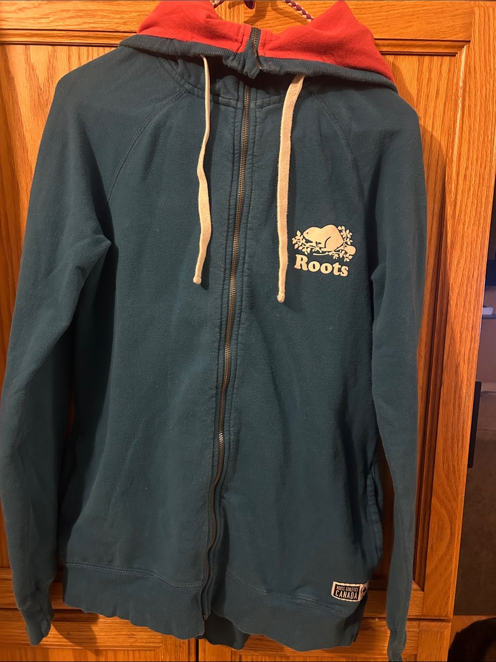 Roots Teal Zip Hoodie with Red Lined Hood